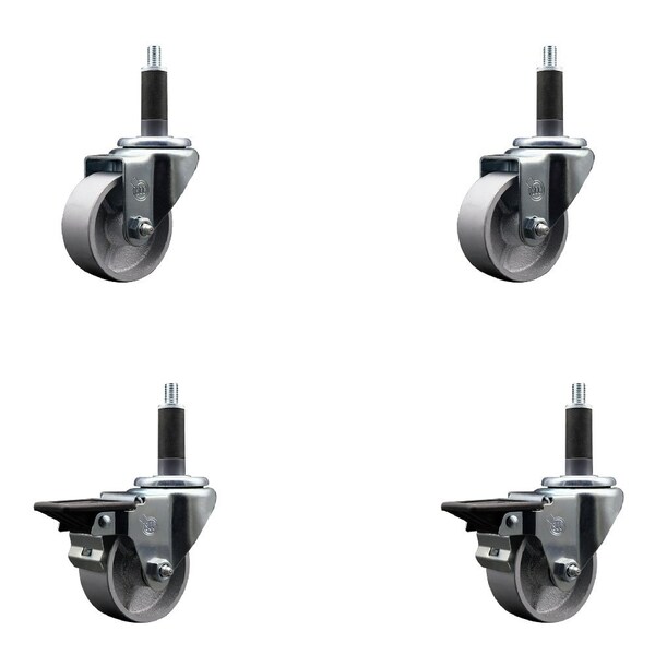 3'' Semi Steel Wheel Swivel 1'' Expanding Stem Caster Set 2 Brakes, 4PK